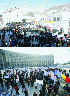 Protestele din Roşia Montană (sus) şi protestele din Bucureşti (jos)