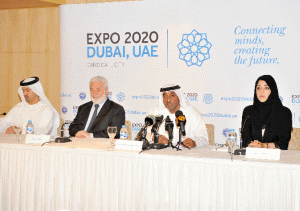 Shaikh Ahmed bin Saeed Al Maktoum (second from the right), Reem Al Hashimy (right), Vicente Gonzalez Loscertales (second from the left) and Hilal Saeed Al Marri, at the conference for launching the bid for World Expo 2020.