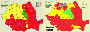 În harta din stânga, previziunile analiştilor CAIET privind câştigătorii alegerilor locale, în harta din dreapta rezultatele parţiale.