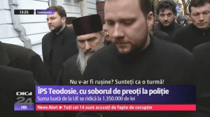 IPS Teodosie, la poliţie, însoţit de preoţi (Sursa foto: captură Digi 24)