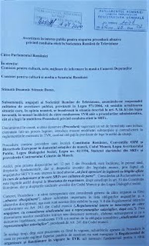 Avertizarea privind procedura abuzivă a eticii în TVR a fost înregistrată la Parlament