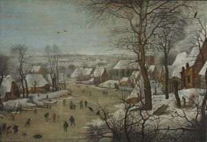 Pieter Brueghel cel Tânăr (1564-1638) Peisaj de iarnă cu un râu (1615-1620. (Sursa: https://commons.wikimedia.org/wiki/File:Pieter_Brueghel_(II)_-_Winter_landscape_with_a_river.jpg. Source/Photographer:https://www.hermitagemuseum.org/wps/portal/hermitage/digital-collection/01.%20paintings/38396)