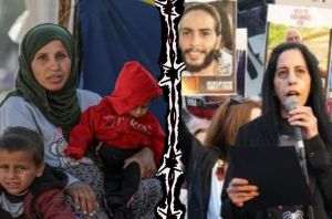 On the left, Etemad Assaf and the children; on the right, Einav Zangauker, next to the photo of his son, Matan, held hostage by Hamas. (Photomontage, MAKE)