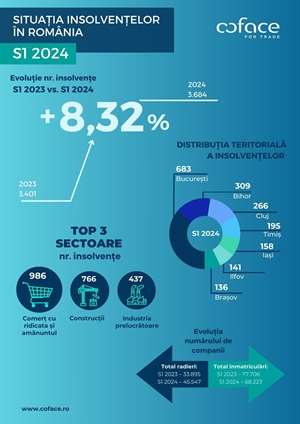 Coface: Insolvenţele au crescut cu 8,3% în primul semestru al anului 