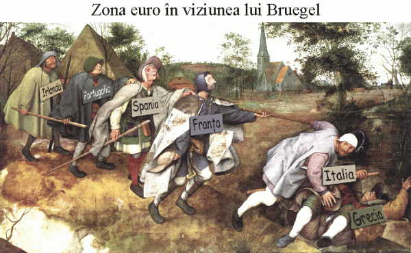 An edit of the painting "The Blind Leading the Blind" by Pieter Bruegel the Elder, 1525-1569