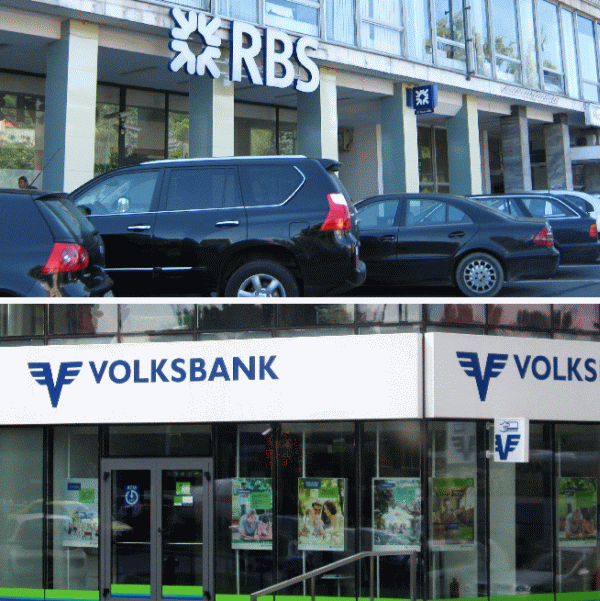 ANAF a raportat datorii la stat de 189.950 lei în cazul Volksbank, şi de 304.737 lei în cel al RBS.