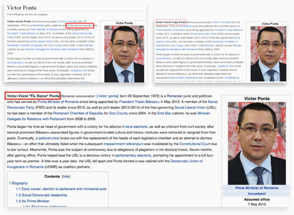 Ponta, ironizat pe Wikipedia