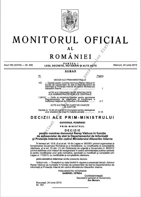 Un maior detaşat de la SRI, numit la Departamentul de Informaţii şi Protecţie Internă