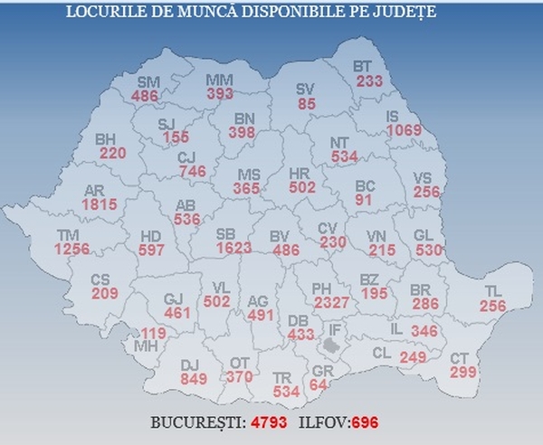 Harta locurilor de muncă disponibile la nivel naţional (Sursa foto: ANOFM)