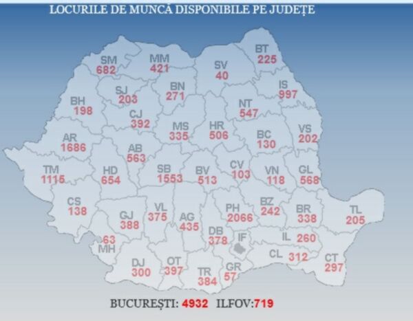 Harta locurilor de muncă disponibile la nivel naţional (Sursa foto: ANOFM)