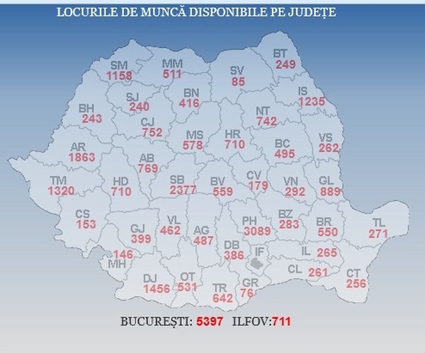 Harta locurilor de muncă disponibile la nivel naţional (Sursa foto: ANOFM)