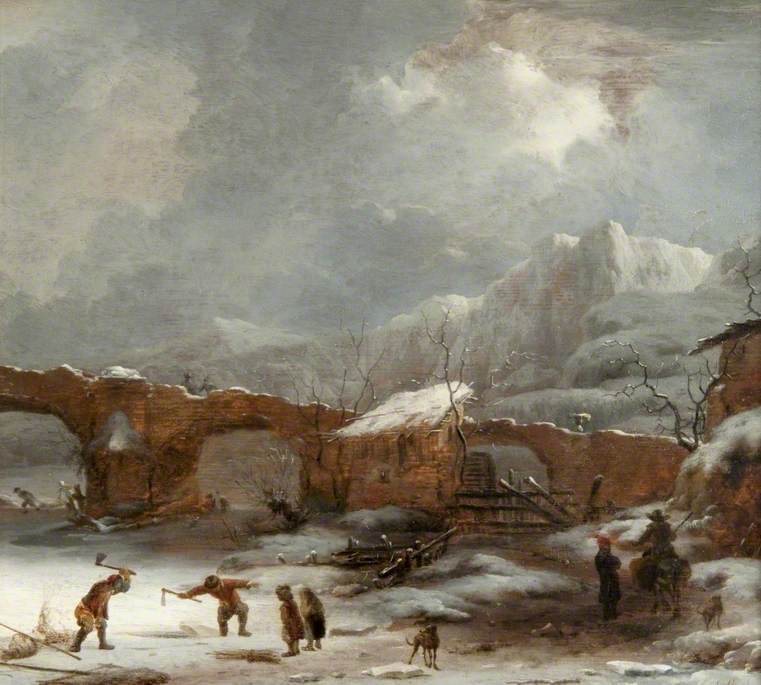 Willem Schellinks (1623-1678) - "Peisaj de iarnă cu podul peste Ron" (cca. 1655) | Sursa: https://commons.wikimedia.org/wiki/File:Willem_Schellinks_-_A_Winter_Landscape_with_the_Pont_du_Rh%C3%B4ne,_Lyons_GL_GM_20-001.jpg