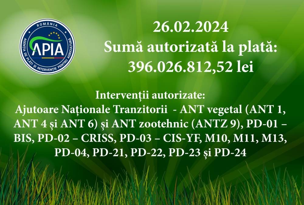 APIA: Peste 396 milioane lei autorizate la plată