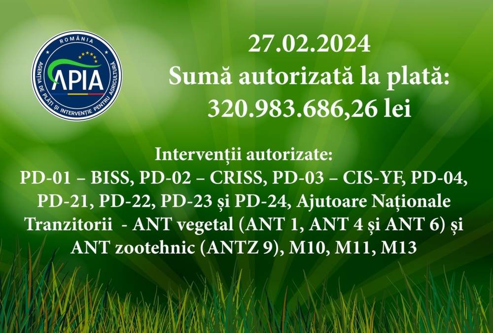 APIA: Peste 320 milioane lei autorizate la plată 