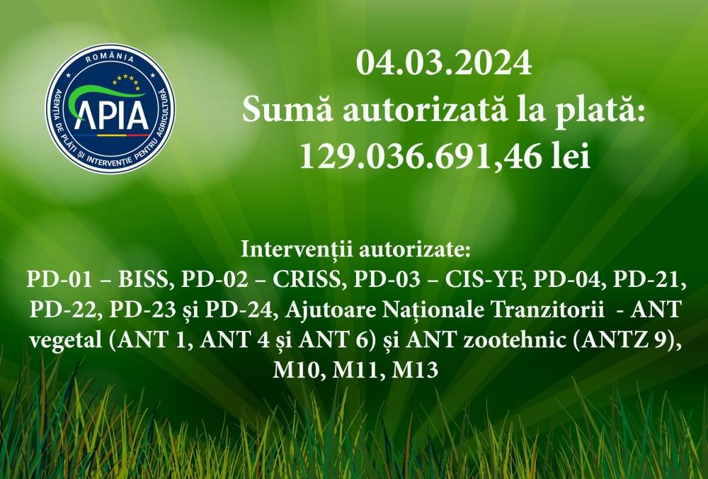 APIA: "Peste 129 milioane lei autorizate la plată"