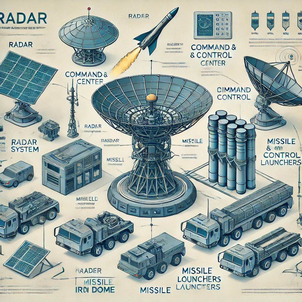 Ilustraţie detaliată a sistemului Iron Dome, evidenţiind componentele sale principale: radarul, centrul de comandă şi control, şi lansatoarele de rachete. Imaginea arată radarul detectând ameninţările în aer, centrul de comandă procesând informaţiile, şi lansatoarele de rachete pregătite să intercepteze. Este inclusă şi o interceptare de rachetă în progres.