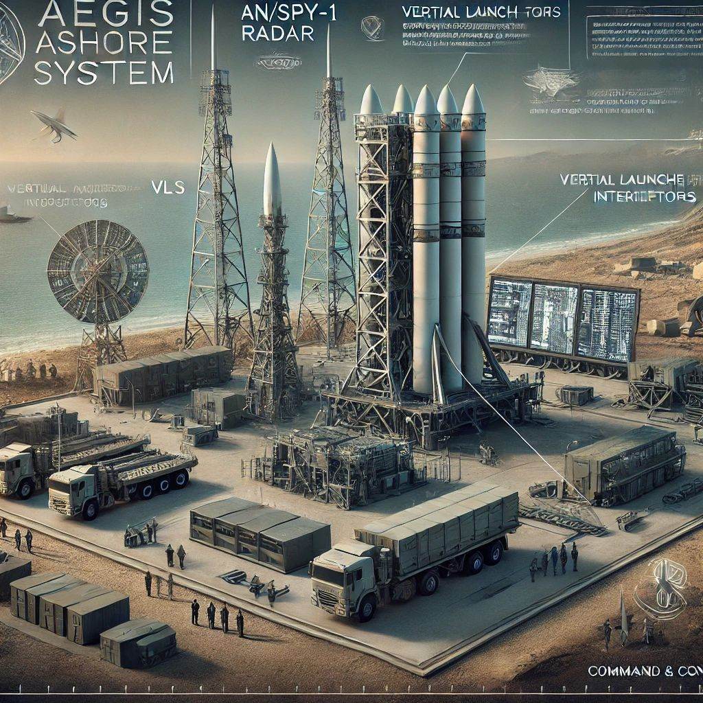 Componentele cheie ale sistemului Aegis Ashore: radarul AN/SPY-1, sistemul de lansare verticală (VLS) cu interceptori SM-3 şi centrul de comandă şi control (C2). Imaginea include descrieri şi etichete pentru fiecare componentă, şi arată baza de la Deveselu din România, cu elemente de context, cum ar fi personalul de apărare şi monitoarele de supraveghere.