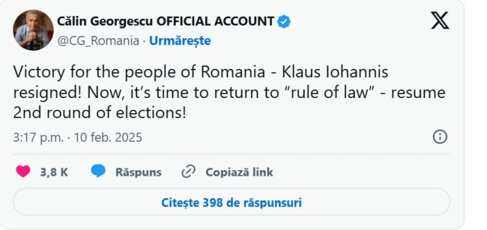 Călin Georgescu reacţionează la demisia lui Klaus Iohannis: "Victorie pentru poporul României"